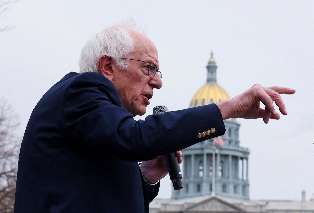 Senator Bernie Sanders speaks during a "Fighting Oligarchy" rally with US Representative Alexandria Ocasio-Cortez in Denver, Colorado, on March 21, 2025. (REUTERS)