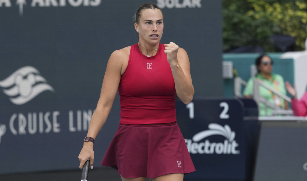 Aryna Sabalenka reacts to a point against Jasmine Paolini of Italy during the Miami Open tennis tournament, Thursday, March 27, 2025, in Miami Gardens, Fla. (AP)