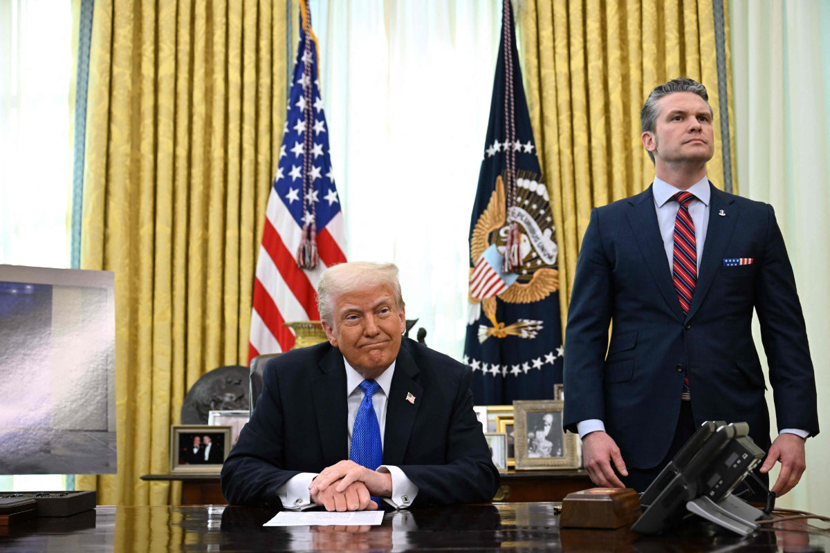US President Donald Trump (L) and Secretary of Defense Pete Hegseth prepare to speak to the press at the White House in Washington, DC, on March 21, 2025. (AFP)