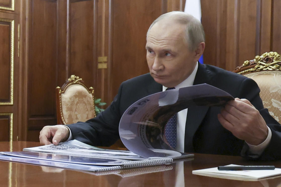 Russian President Vladimir Putin attends a meeting with Leningrad Region Governor Alexander Drozdenko at the Kremlin in Moscow, Mar. 28, 2025. (AP)