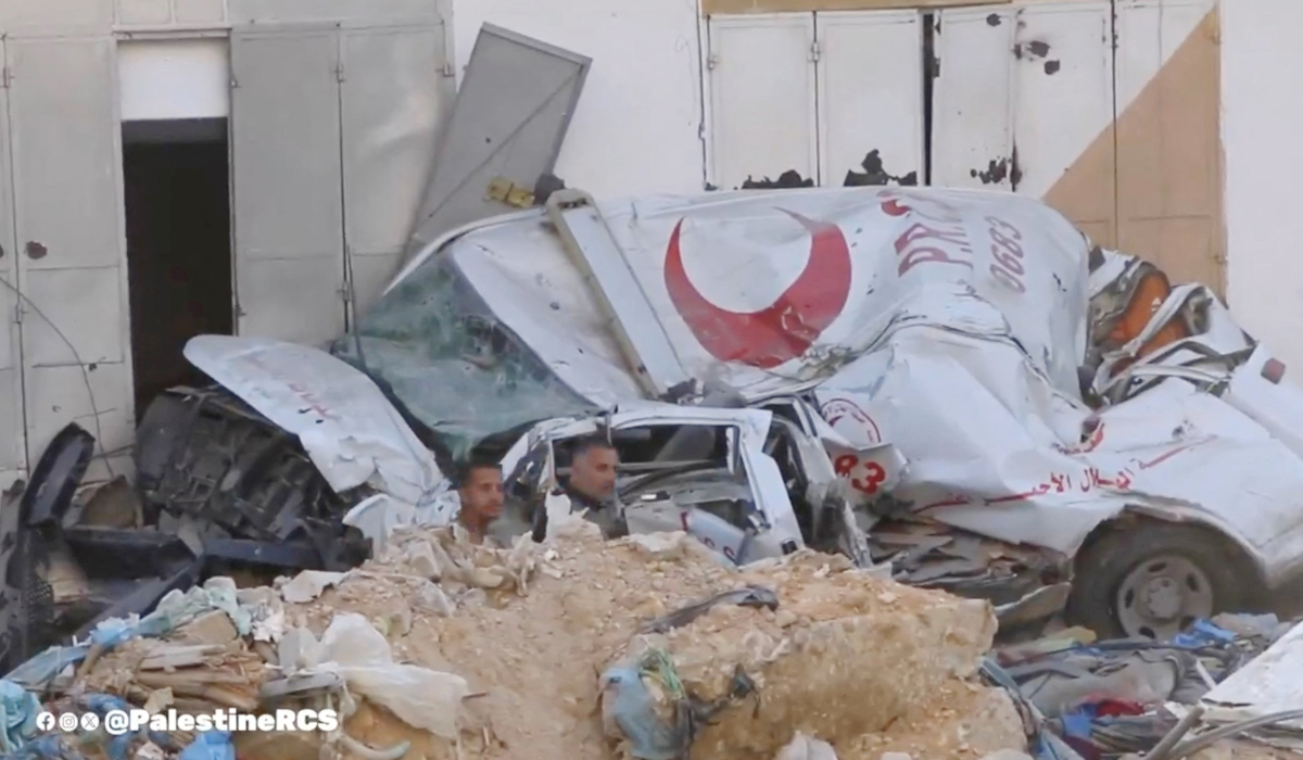 A destroyed ambulance is seen amidst the rubble outside the damaged PRCS Al-Amal Hospital, amid the ongoing conflict between Israel and Palestinian Islamist group Hamas, in Khan Younis, Gaza April 7, 2024, as seen in this screen grab taken from a handout video. (REUTERS)