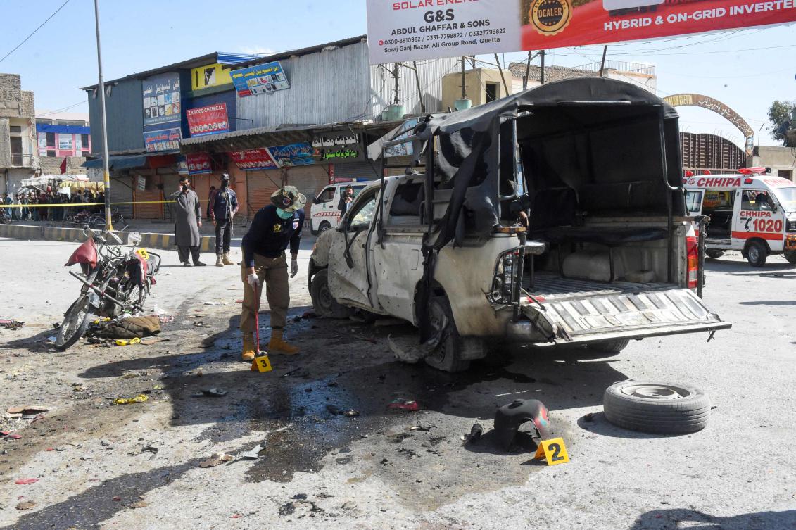 Security personnel inspect the site after militants detonated an explosive-laden motorbike along a road in Quetta on March 27, 2025. At least eight people have been killed in multiple attacks in southwestern Pakistan, police said on March 27, with assailants targeting bus passengers based on their ethnicity and security forces. (AFP)