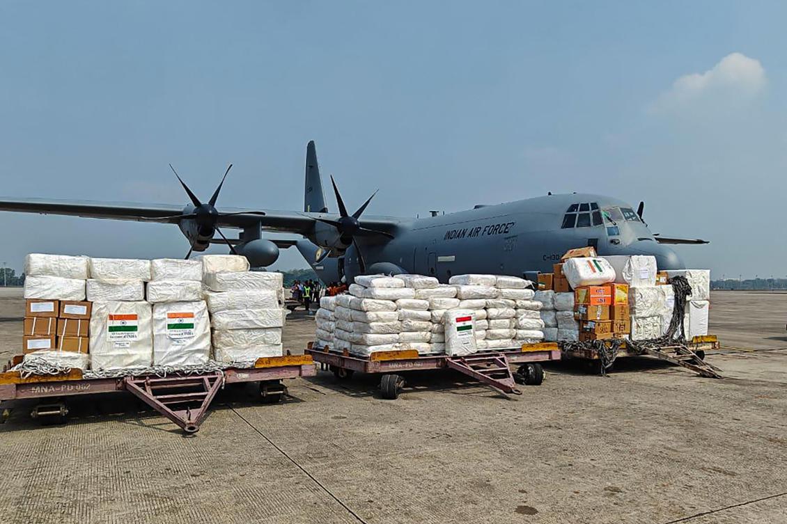 This handout photograph taken and released by External Publicity and Public Diplomacy Division of India’s Ministry of External Affairs on Mar. 29, 2025, shows an Indian Air Force aircraft carrying relief materials after it landed in Yangon, in Myanmar, on Mar. 29, 2025. (AFP)