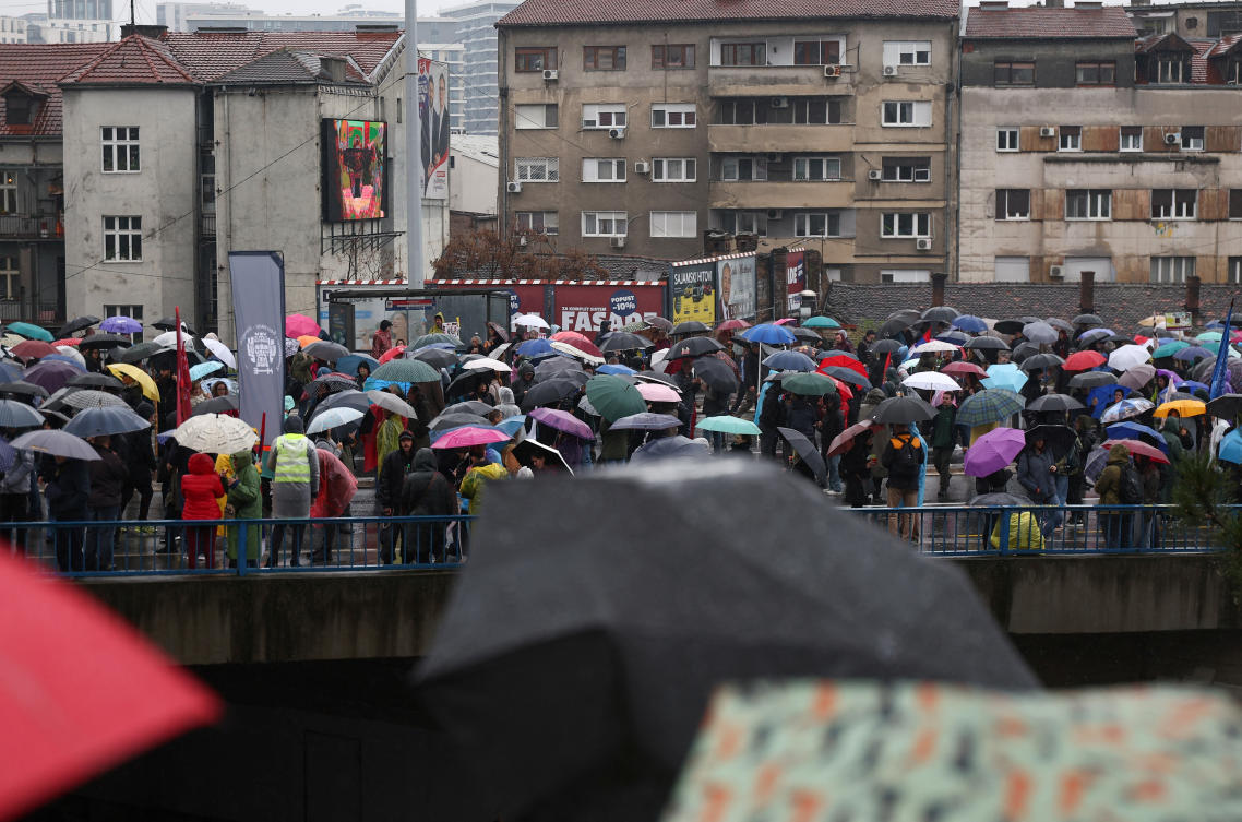 Serbian students and other protesters block a main bridge in Belgrade leading to the city center as part of a wave of protests after the roof of a train station in the city of Novi Sad collapsed last November killing several people, in Belgrade, Mar. 26, 2025. (Reuters)