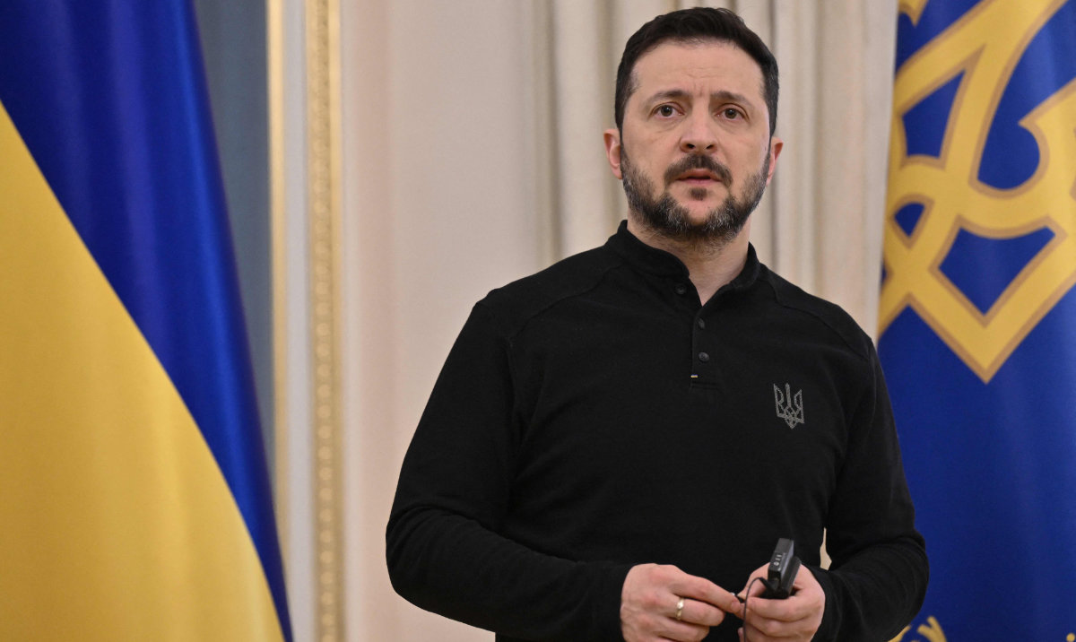 Ukrainian President Volodymyr Zelensky looks on as he gives a press conference in Kyiv on March 28, 2025, amid the Russian invasion of Ukraine. (AFP)