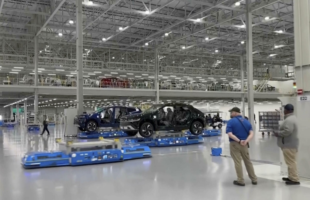 In this image taken from video, electric cars are assembled at a new Hyundai electric vehicle plant in Ellabell, Georgia, US, on March 26, 2025. (AP Photo)
