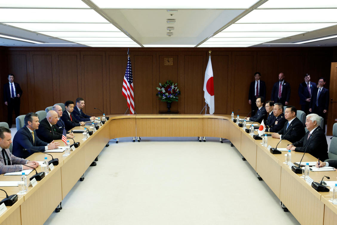 Pete Hegseth, US secretary of defense, and Gen Nakatani, Japan’s defense minister, meet at the Ministry of Defense in Tokyo, Japan, on Sunday, March 30, 2025. (REUTERS)