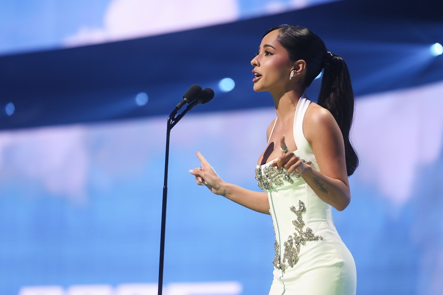 US singer-actress Becky G opted for an all-white dress from Murad’s pre-Fall 2025 collection at the 2025 Billboard Women In Music event, held at the YouTube Theater in Los Angeles. (Getty Images)