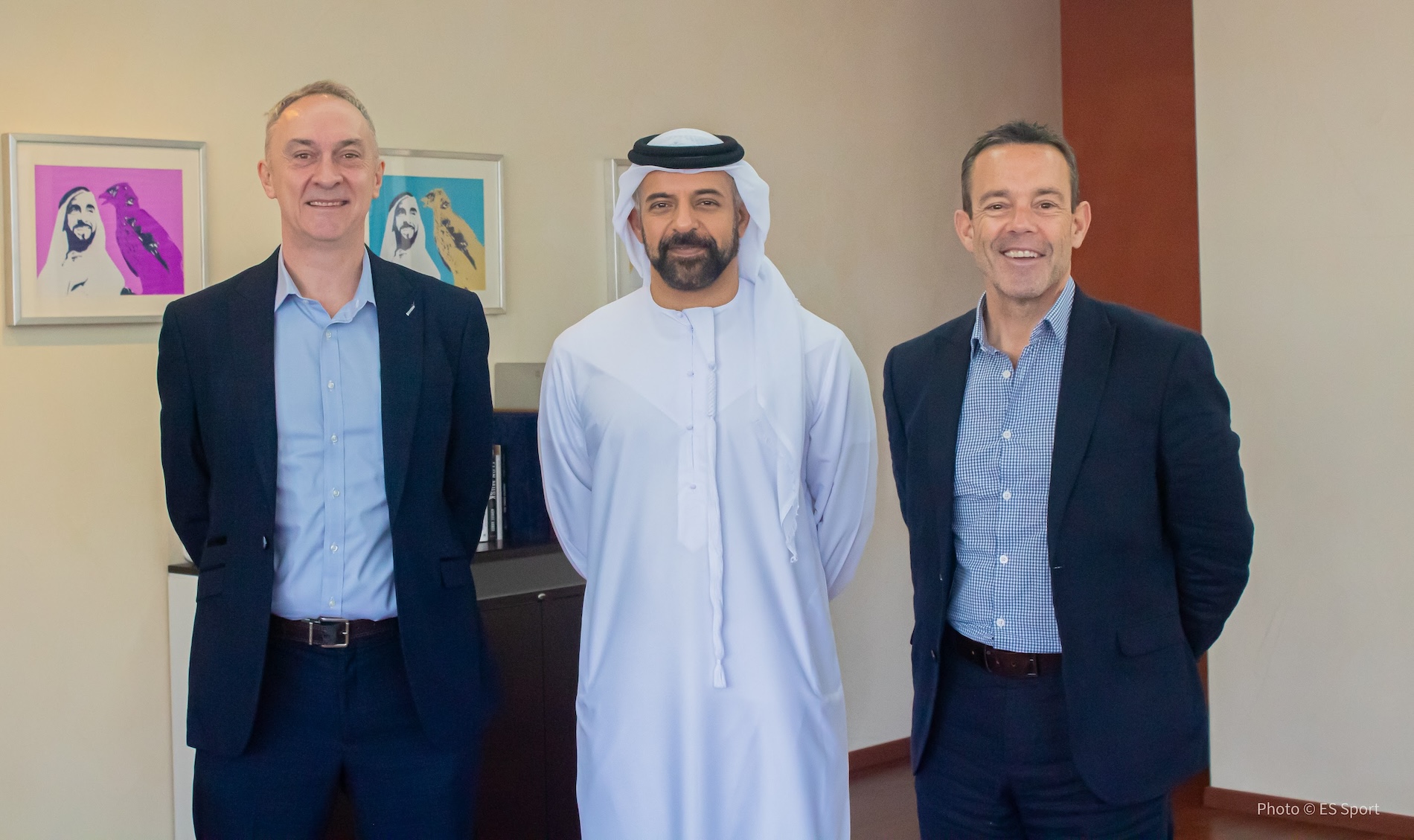 ES Sport Group Managing Director Allan Holt (left) and Group Financial Director Paul McSorley welcome Sheikh Mohamed bin Saif Al Nahyan as the company's new chairman (Supplied)