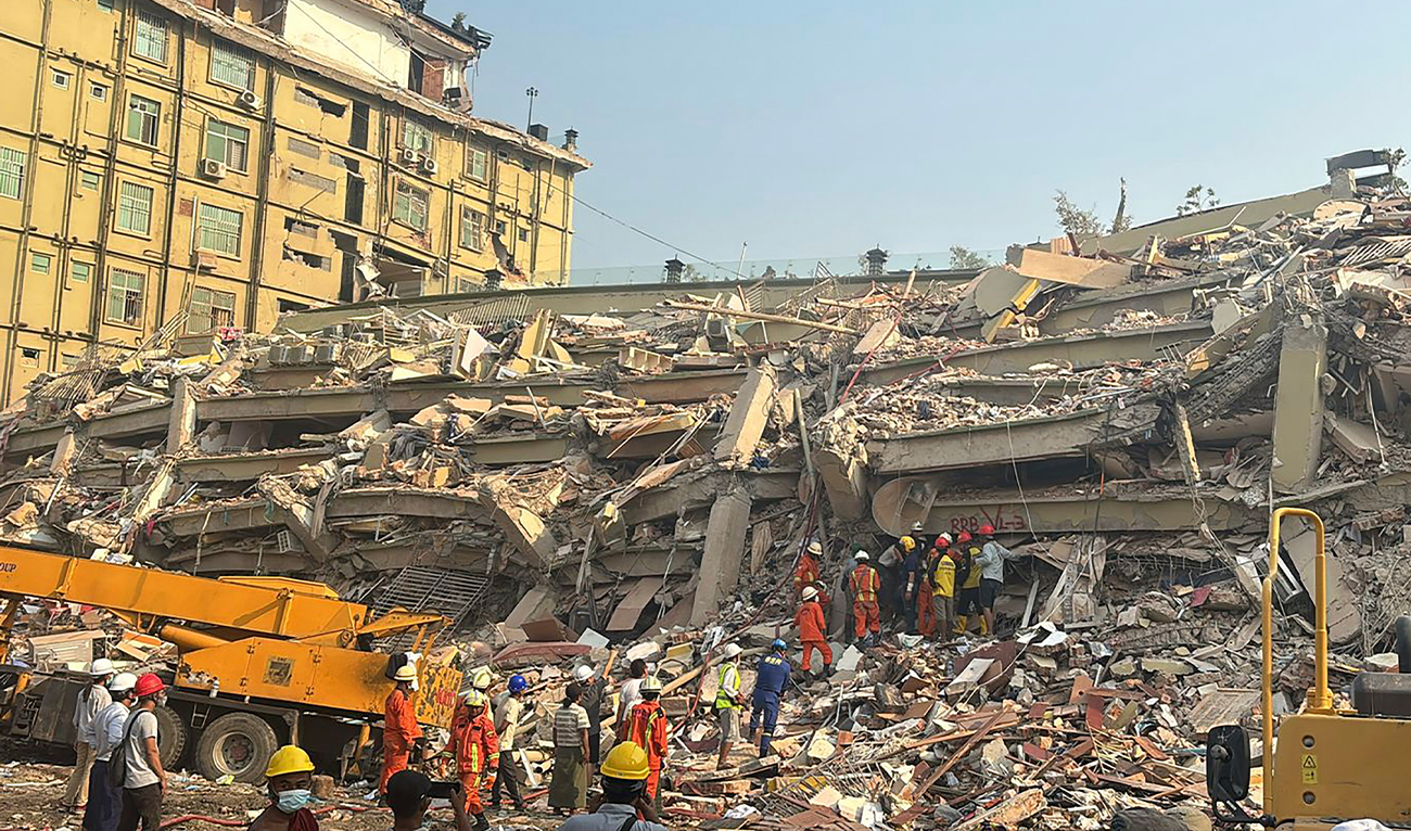 Rescuers work at the Sky Villa Condo that collapsed in Friday’s earthquake in Mandalay, Myanmar, on March 30, 2025. (AP)