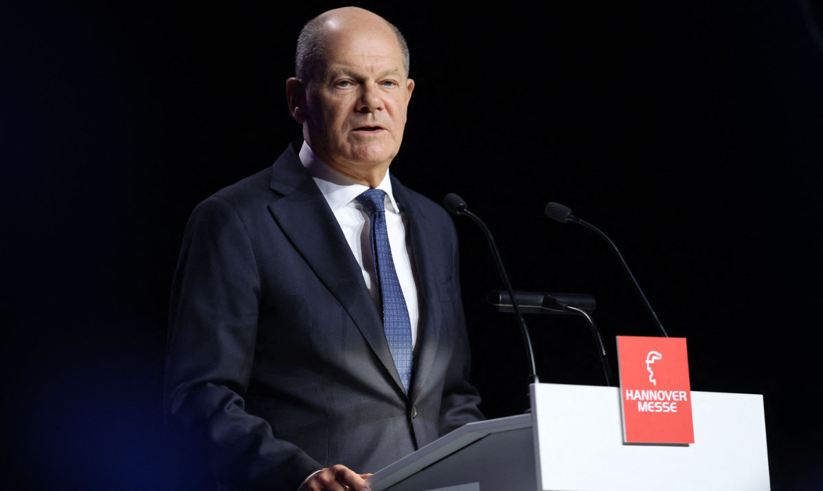 German Chancellor Olaf Scholz gives a speech at the opening of the Hannover Messe industrial trade fair for mechanical and electrical engineering and digital industries, on March 30, 2025 in Hanover, northern Germany. (AFP)