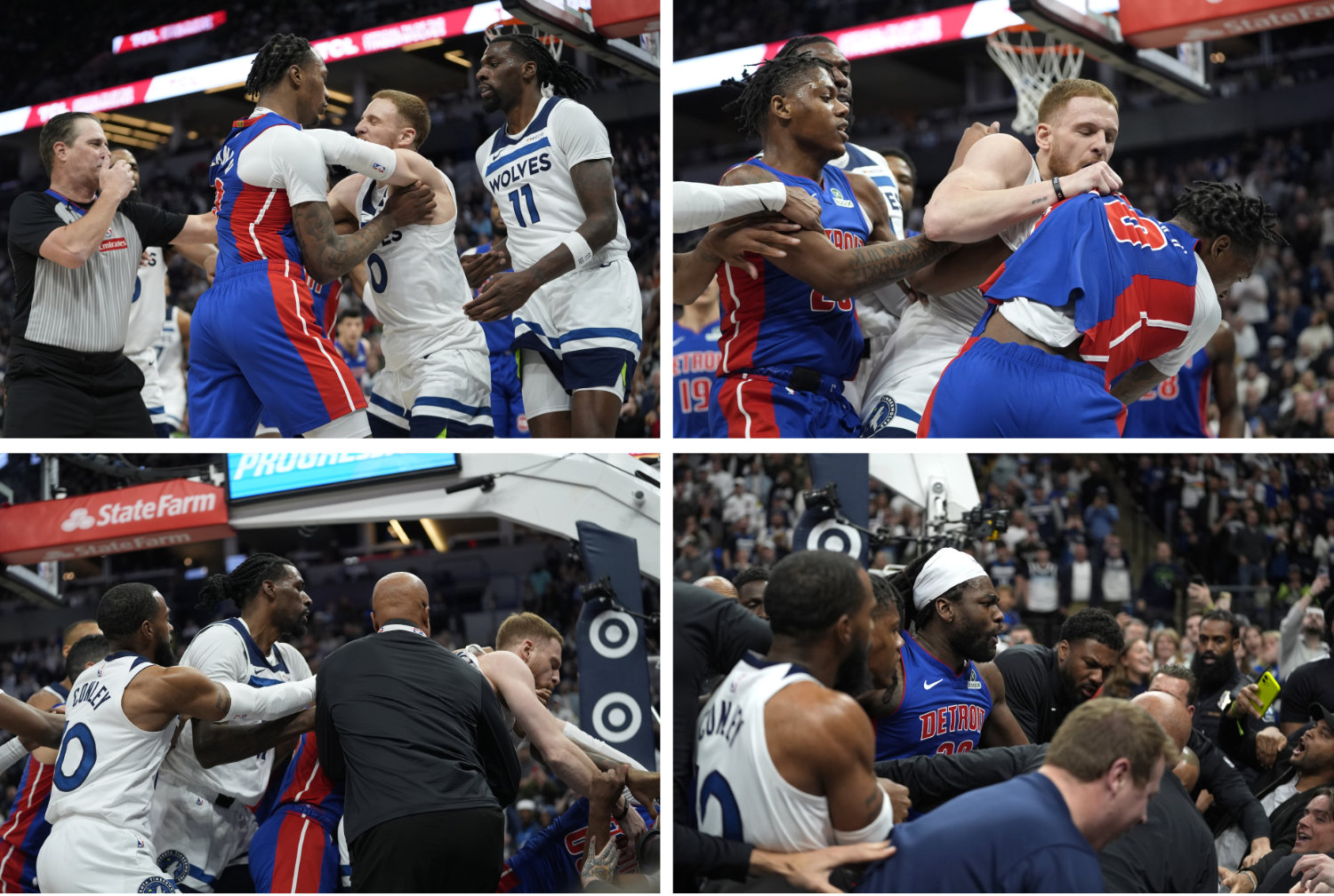 Minnesota Timberwolves and Detroit Pistons players get into a fight during the first half of an NBA basketball game on March 30, 2025, in Minneapolis. (AP Photos)