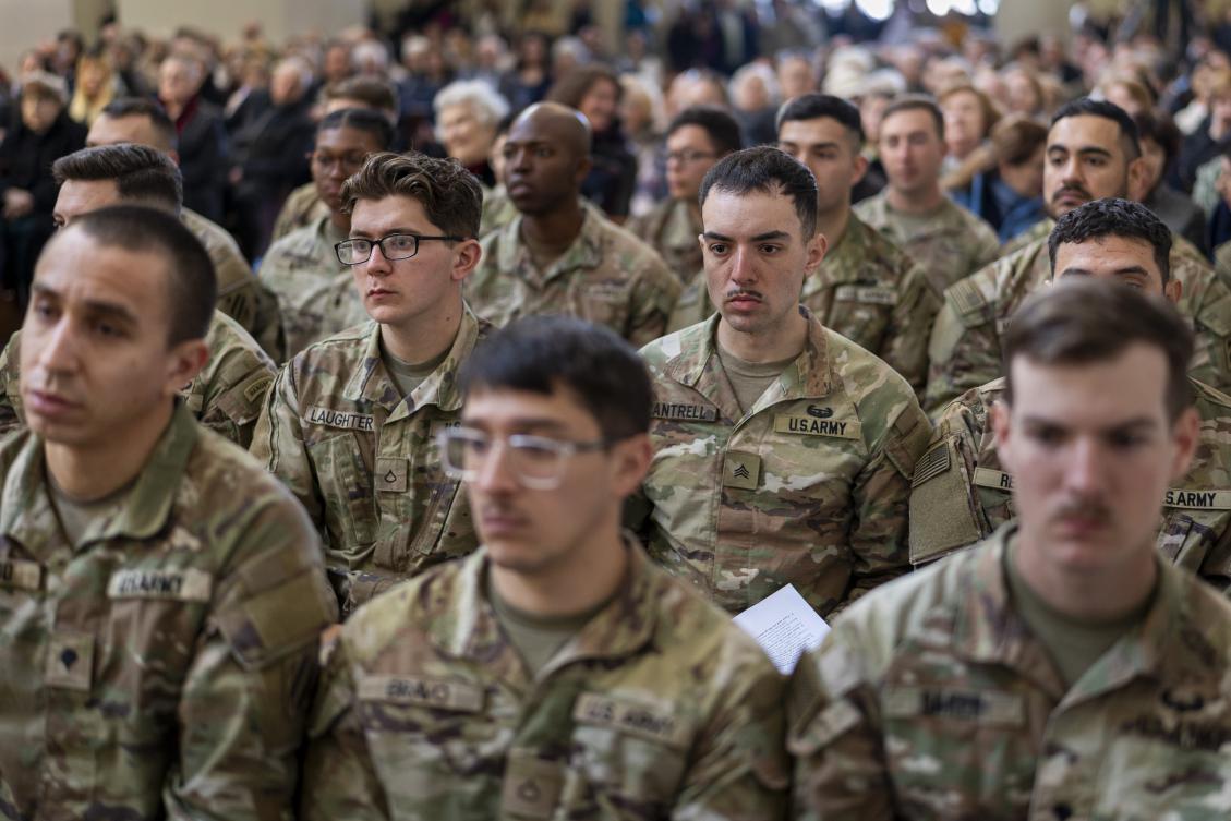 US soldiers attend a Holy Mass for the four American soldiers, who went missing during exercises conducted at the Pabrade training ground, in Vilnius, Lithuania on March 30, 2025. (AP)