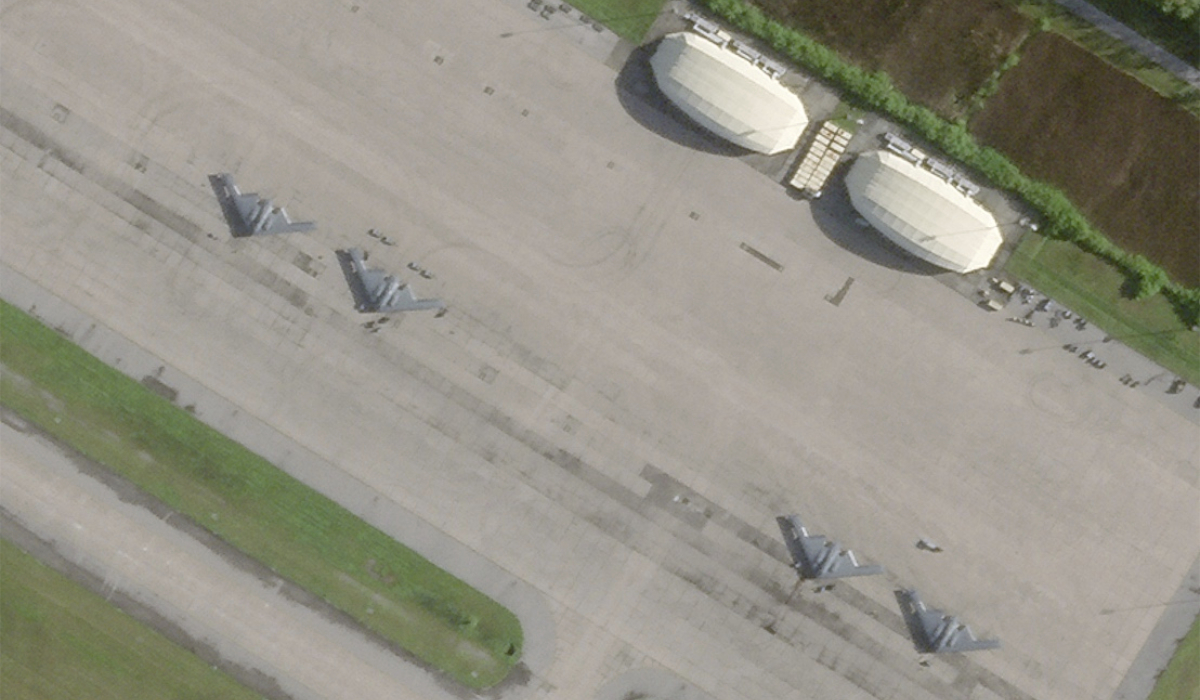 This satellite photo from Planet Labs PBC shows four B-2 stealth bombers parked at Camp Thunder Cove in Diego Garcia on Saturday, March 29, 2025, as a U.S. airstrike campaign continues against Yemen's Houthi rebels. (AP)