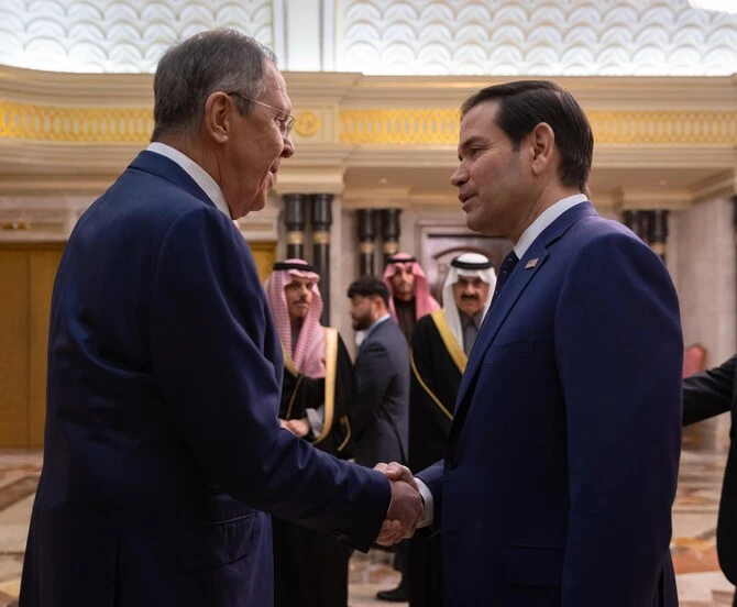 Russian Foreign Minister Sergey Lavrov and US Secretary of State Marco Rubio shake hands in Riyadh. (SPA)