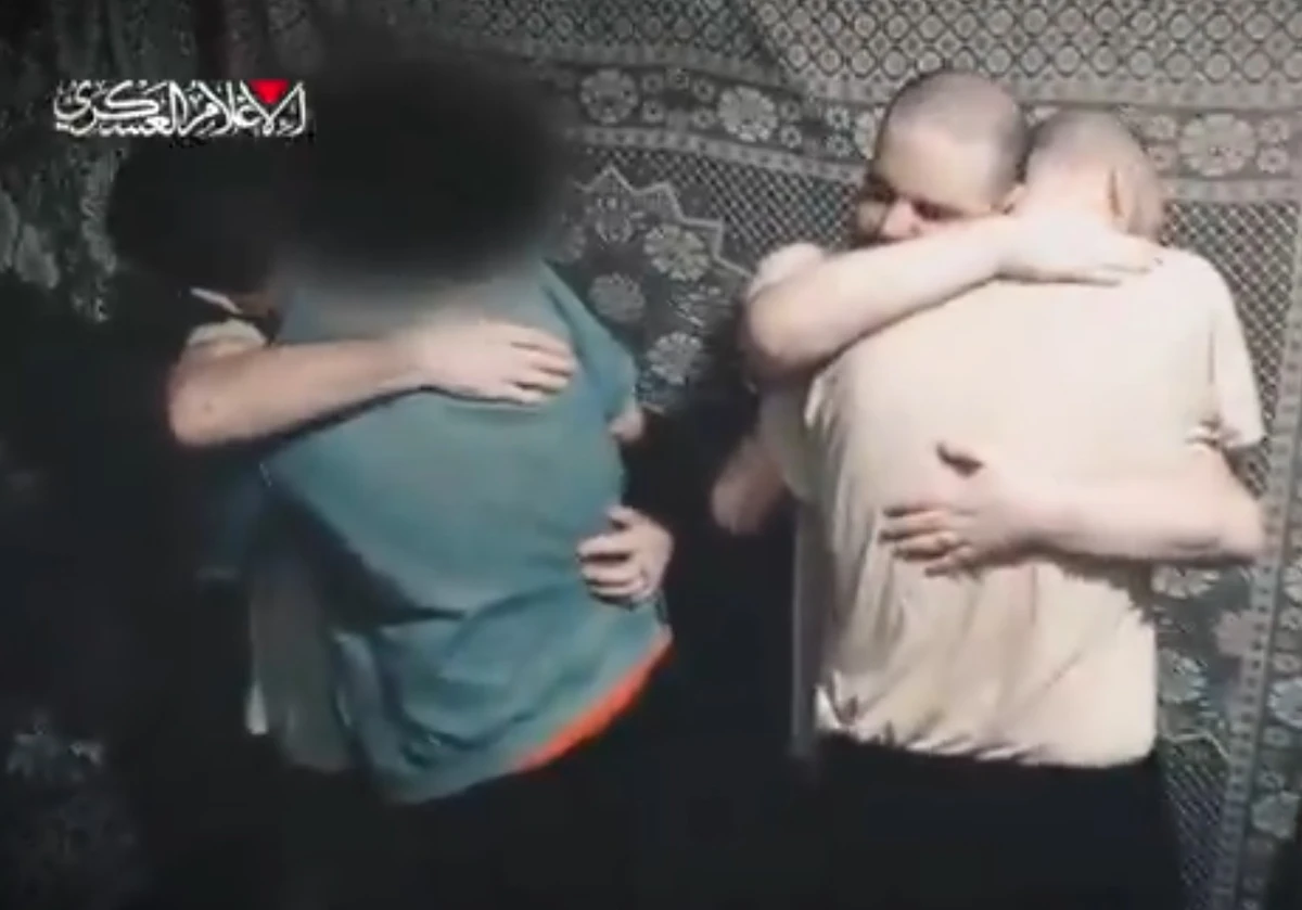 A screenshot of a three-minute video released by Hamas showing an emotional farewell between Israeli-Argentinian Yair Horn and his brother Eitan, suggesting that it was filmed shortly before Yair's release on Feb. 15.(X/@AvivaKlompas)