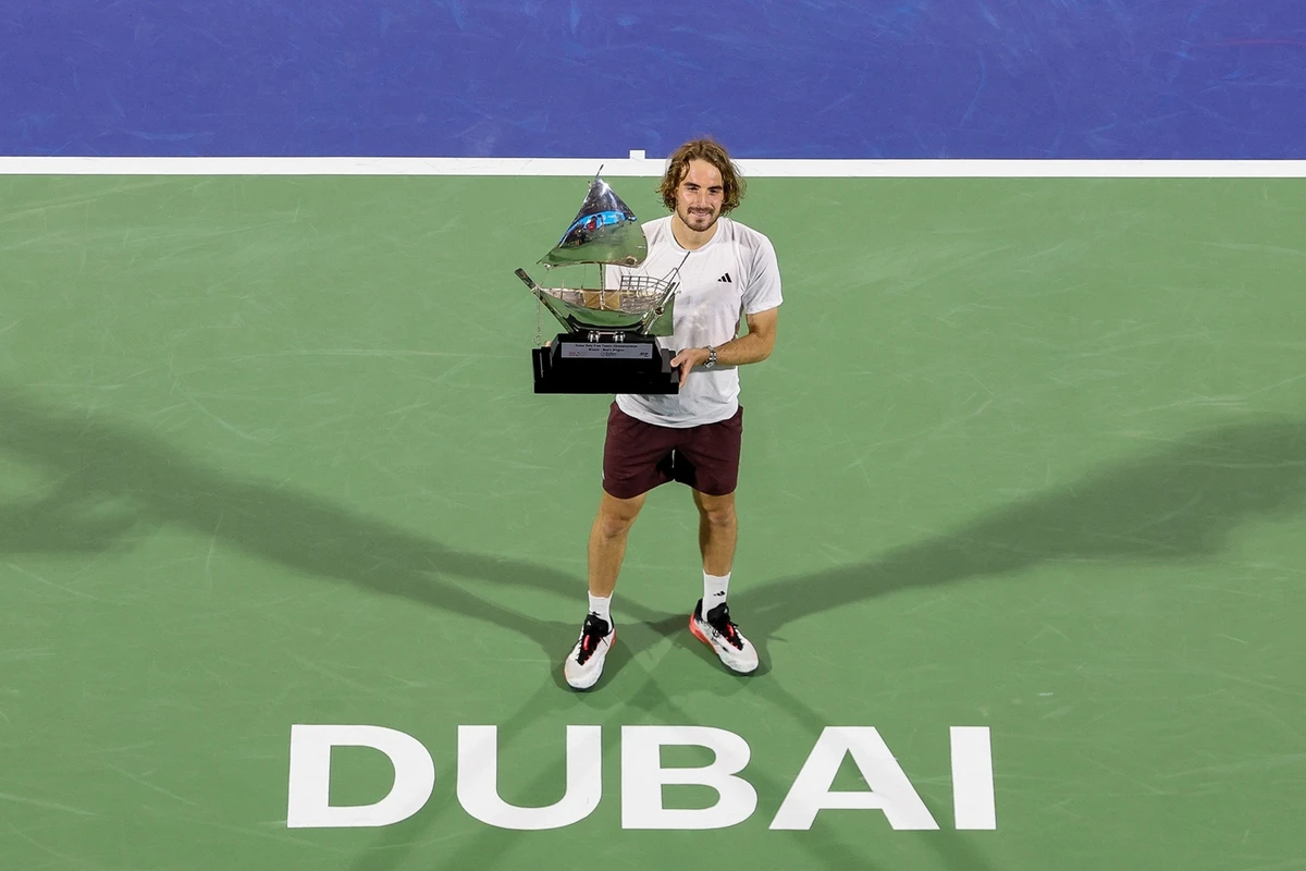 Stefanos Tsitsipas of Greece with the ATP Dubai Duty Free Tennis Championship men’s trophy. (Supplied)