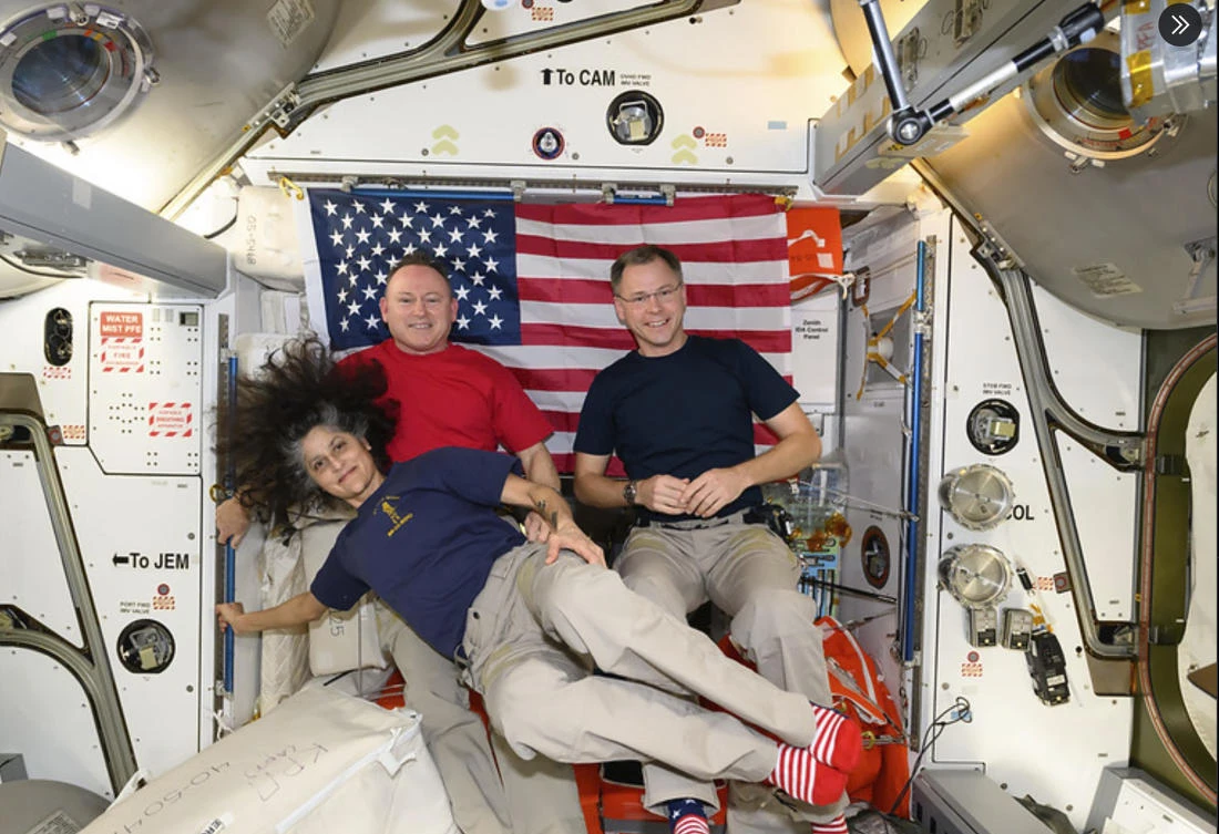 Nick Hague, right, Suni Williams, and Butch Wilmore. (AP Photo)