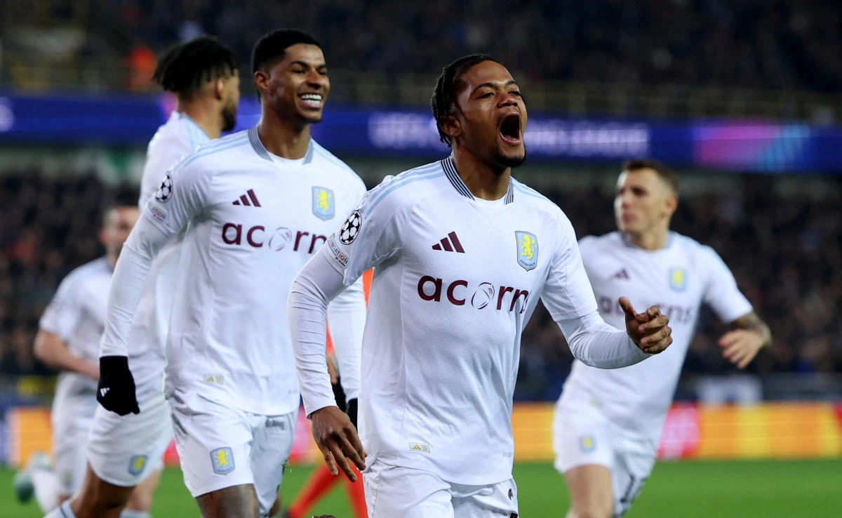 Aston Villa’s Leon Bailey celebrates scoring their first goal with Marcus Rashford during their Champions League — Round of 16 — First Leg — match against Club Brugge at Jan Breydel Stadium, Bruges, Mar. 4, 2025. (Reuters)