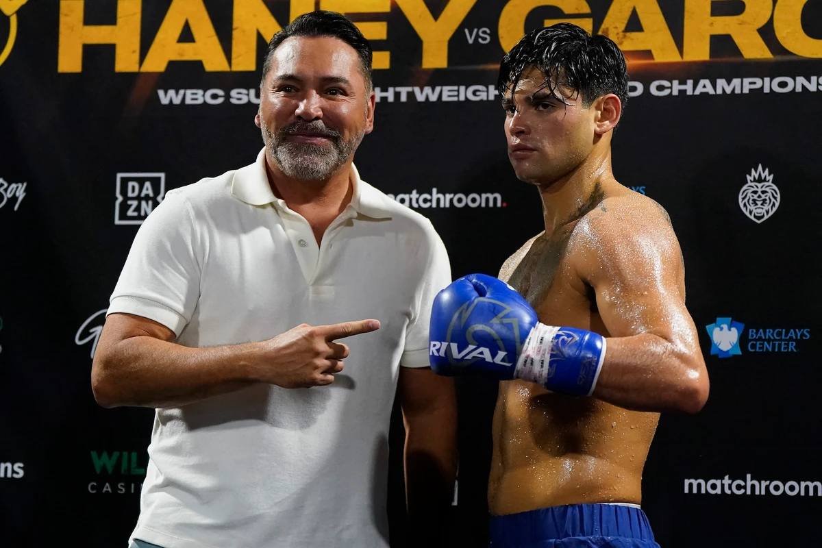 Hall of Fame boxer Oscar De La Hoya's Golden Boy Promotions has three fighters on the May 2 tripleheader including Ryan Garcia, right. (File/AFP)