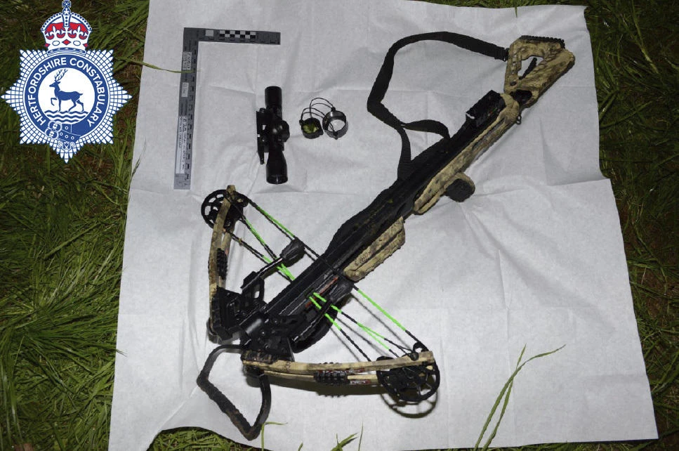 This undated handout photo issued on Mar. 6, 2025 by the Hertfordshire Police shows the crossbow used by Kyle Clifford who has been found guilty at Cambridge Crown Court of raping his ex-partner Louise Hunt in an attack which saw him murder her, her sister and mother with a butcher’s knife. (AP)
