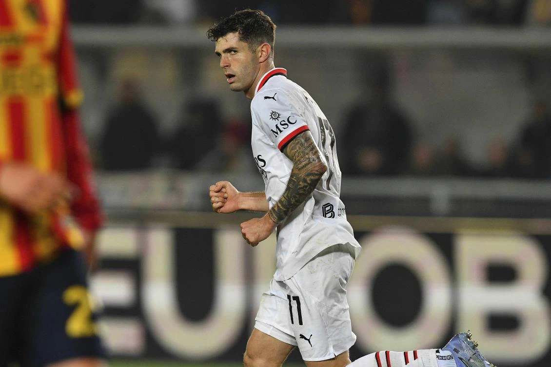 AC Milan’s Christian Pulisic celebrates after scoring goal during their Serie A match against US Lecce at the Via del Mare Stadium in Lecce, Italy, Mar. 8, 2025. (AP)