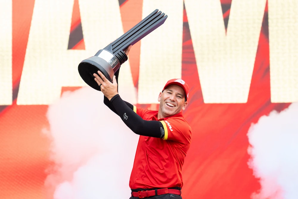 First place individual champion, Captain Sergio Garcia of Fireballs GC celebrates at the trophy ceremony after the final round of LIV Golf Hong Kong. (Mateo Villalba/LIV Golf)
