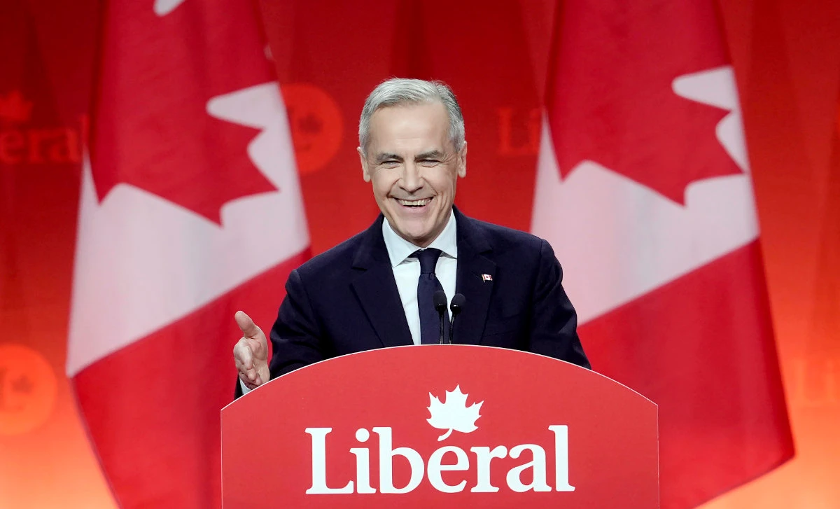 Liberal Leader Mark Carney smiles as he delivers his victory speech during the Liberal leadership announcement in Ottawa, Ontario, on March 9, 2025. (Adrian Wyld/The Canadian Press via AP)