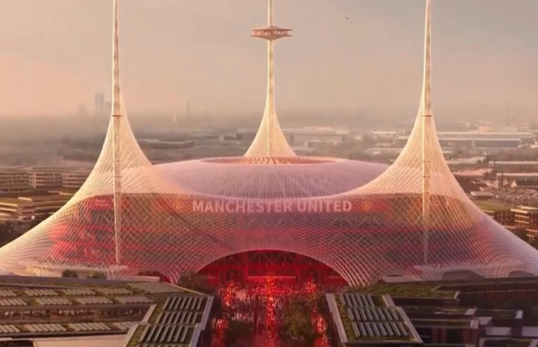 Screengrab taken from a video showing the new Manchester United arena planned to be built at a cost of $2.6 billion on a land surrounding Old Trafford, and the project timescale is 5 years. (X/@ManUtd)