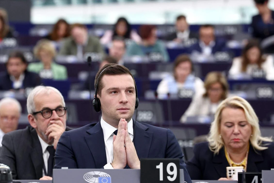 French far-right party Rassemblement National (RN) President and MEP Jordan Bardella listens to speeches as part of the celebrations for International Women’s Rights Day, during a plenary session of the European Parliament on Mar. 11, 2025 in Strasbourg. (AFP)