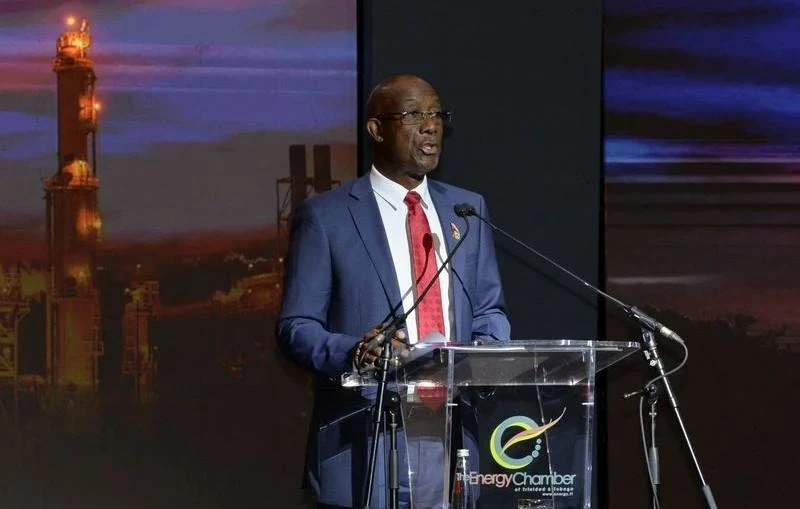 Trinidad and Tobago’s Prime Minister Keith Rowley addresses the audience during the opening day of the T&T Energy Conference in Port of Spain, Trinidad and Tobago, Feb. 10, 2025. (Reuters)