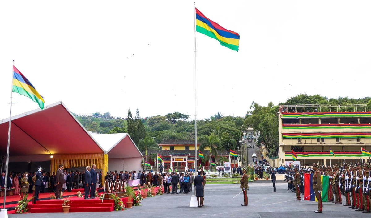 Mauritius’ President Dharam Gokhool and Prime Minister Navin Ramgoolam attend the nation's 57th National Day celebrations at the Champ De Mars, Port Louis, on March 12, 2025. (REUTERS)