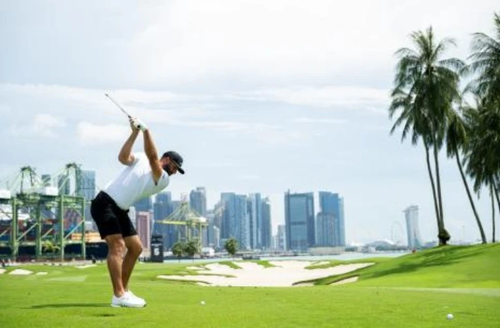 Dustin Johnson leads LIV Golf Singapore on Day 1 after an 8-under round of 63. (Charles Laberge/LIV Golf)