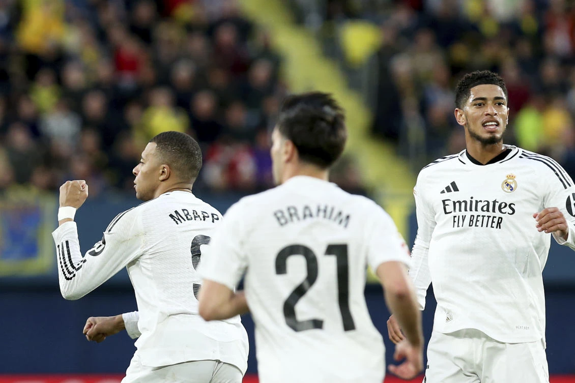 Real Madrid’s Kylian Mbappe celebrates after scoring his side’s first goal during their Spanish La Liga match against Villarreal in Villarreal, Mar. 15, 2025. (AP)