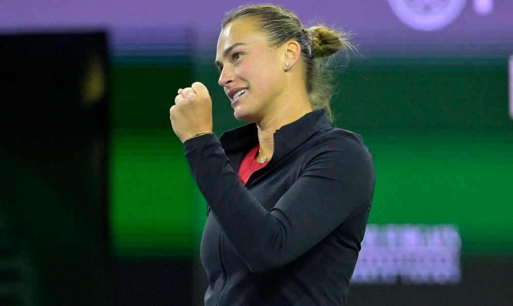 Aryna Sabalenka reacts at match point as she defeated Madison Keys (not pictured) in the semifinal match in the BNP Paribas Open at the Indian Well Tennis Garden. (Reuters)
