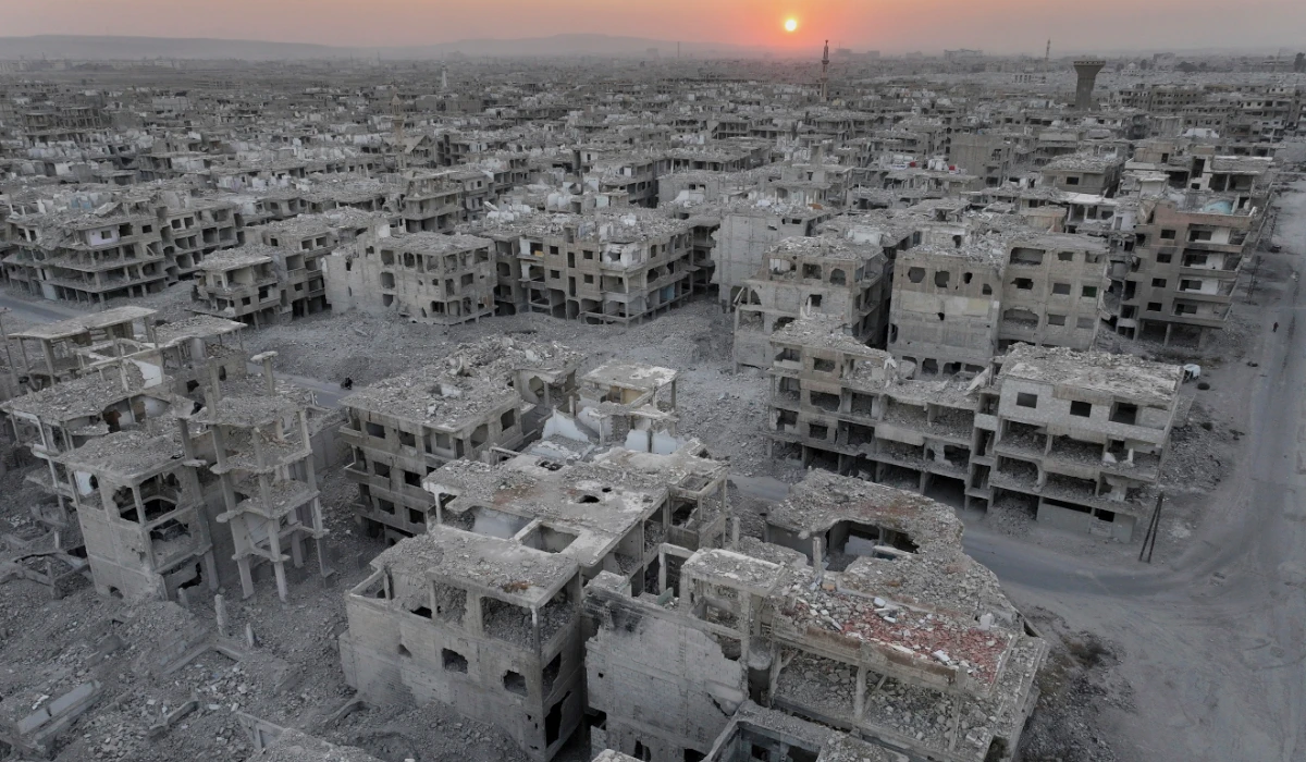An aerial view of remaining buildings is seen which were not only destroyed during the civil war, they were also demolished by the government or stripped by thieves, at the Palestinian refugee camp of Yarmouk, outside Damascus, Syria, Saturday, Dec. 14, 2024. (AP)