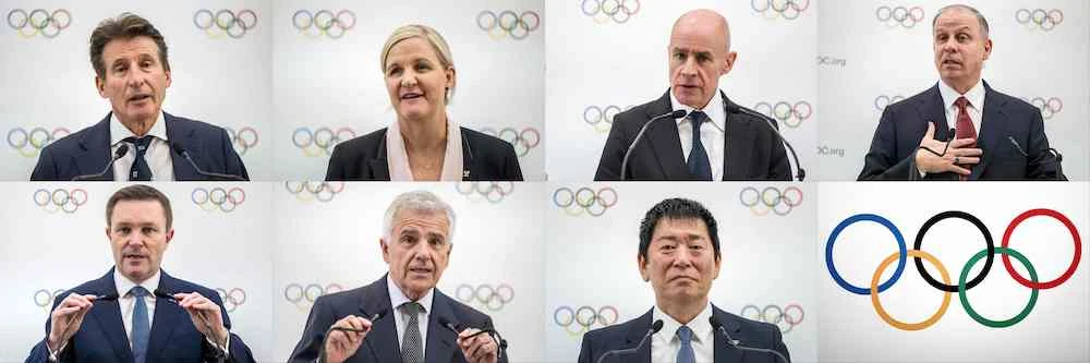 From top left: Sebastian Coe, Kirsty Coventry, Johan Eliasch, Prince Feisal Al-Hussein of Jordan, David Lappartient, Juan Antonio Samaranch Jr. and Morinari Watanabe are competing for the IOC presidency. (AFP)