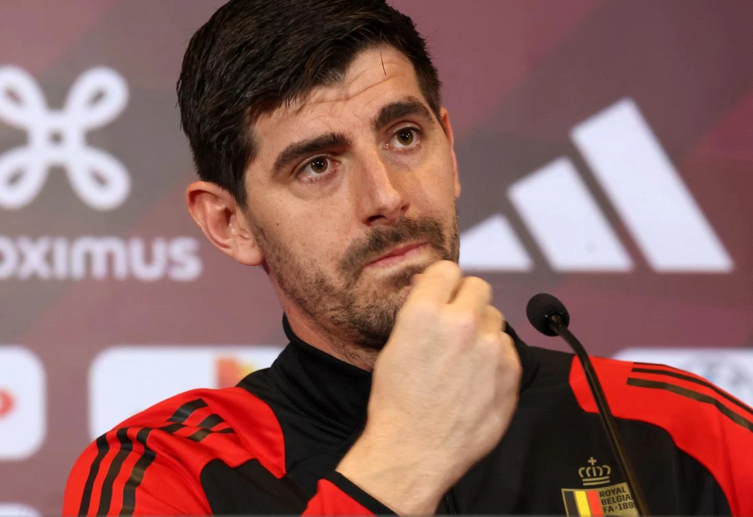 Belgium's goalkeeper Thibaut Courtois looks on during a press conference at Tubize on Mar. 18, 2025, ahead of the upcoming UEFA Nations League football matches against Ukraine. (AFP)