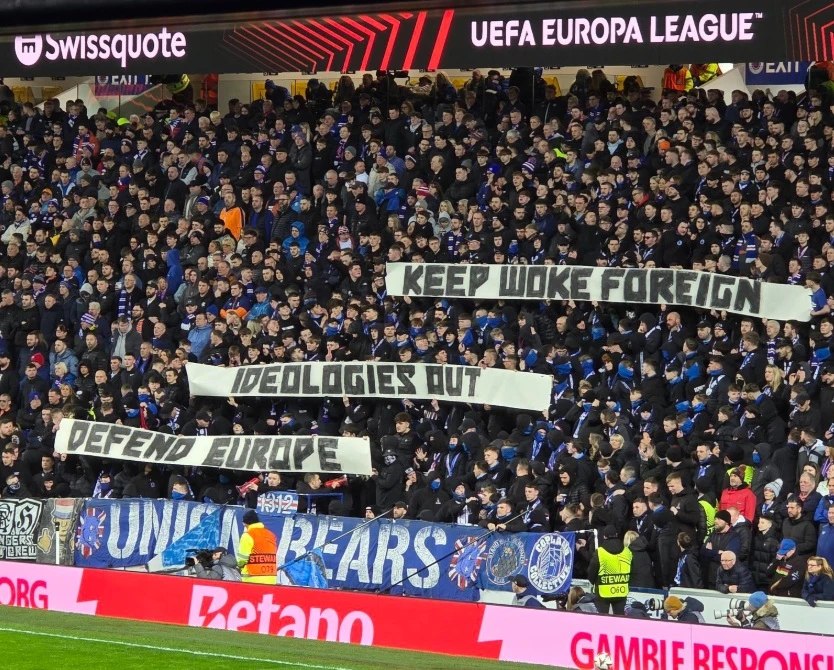 Rangers have reacted with "embarrassment" after being charged by UEFA for a "racist and/or discriminatory banner" displayed by fans in last week's Europa League tie against Fenerbahce. (X/@FBAwayDays)