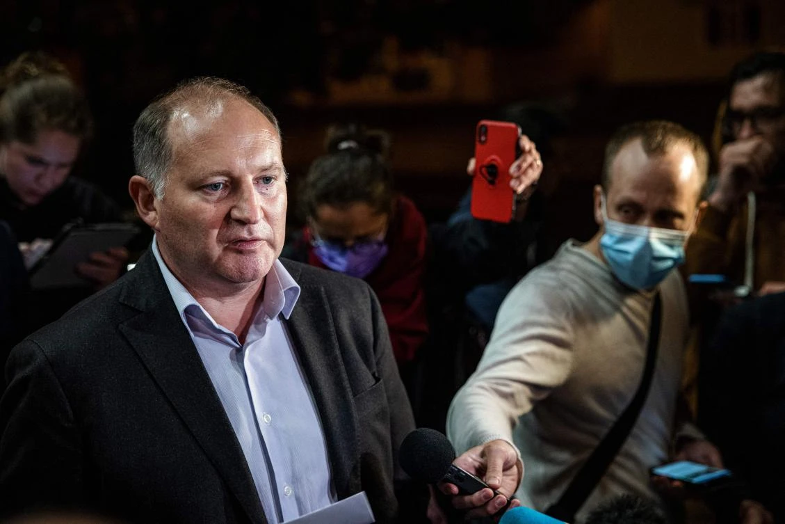 French banker Philippe Delpal speaks to journalists as he leaves a court room after a sentence hearing in Moscow on Aug. 6, 2021. (AFP/File)