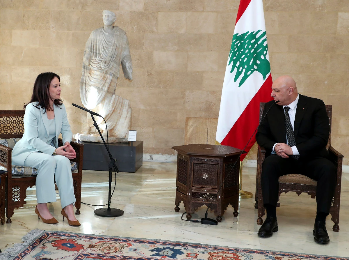 Lebanon's President Joseph Aoun, right, meets with Germany's Foreign Minister Annalena Baerbock, at the presidential place in Baabda, east of Beirut, on March 19, 2025. (Lebanese Presidency press office via AP)