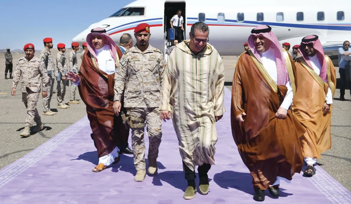 Madinah Undersecretary Abdul Mohsen bin Nayef bin Hamid receives Moroccan Prime Minister Aziz Akhannouch at Madinah International Airport. (Supplied)