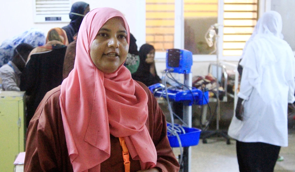 Khansa Al-Moatasem, head of the nursing team at Al-Nao hospital in Omdurman, speaks during an interview on Thursday. (AFP)