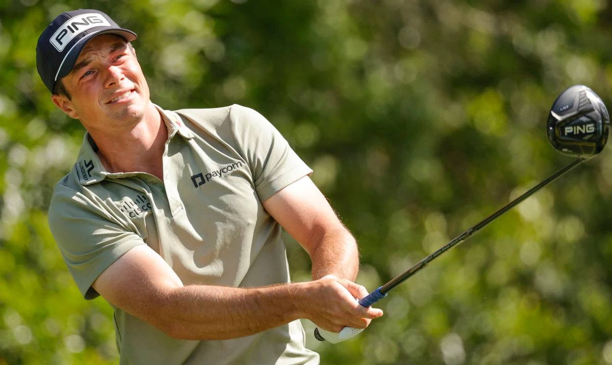 Victor Hovland plays his shot from the ninth tee during the third round of the Valspar Championship golf tournament at Innisbrook Resort Saturday. (Reuters)