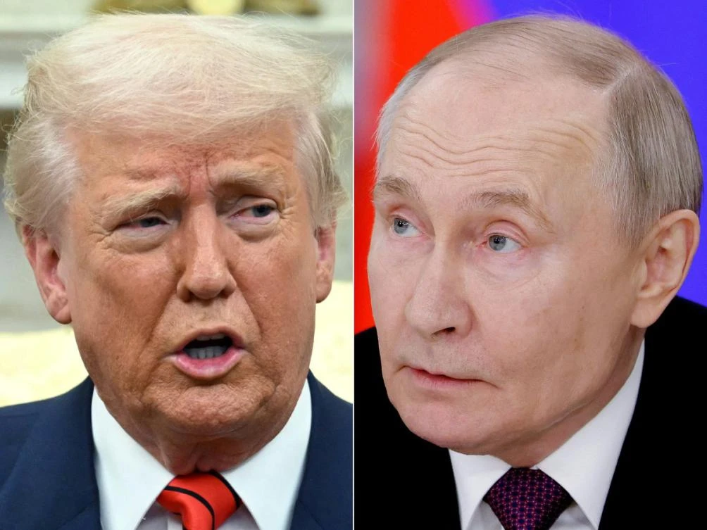 his combination of pictures created on March 17, 2025 shows, L-R, US President Donald Trump in the Oval Office of the White House in Washington, DC, on March 13, 2025 and Russia's President Vladimir Putin at the Kremlin in Moscow on March 13, 2025. (AFP)