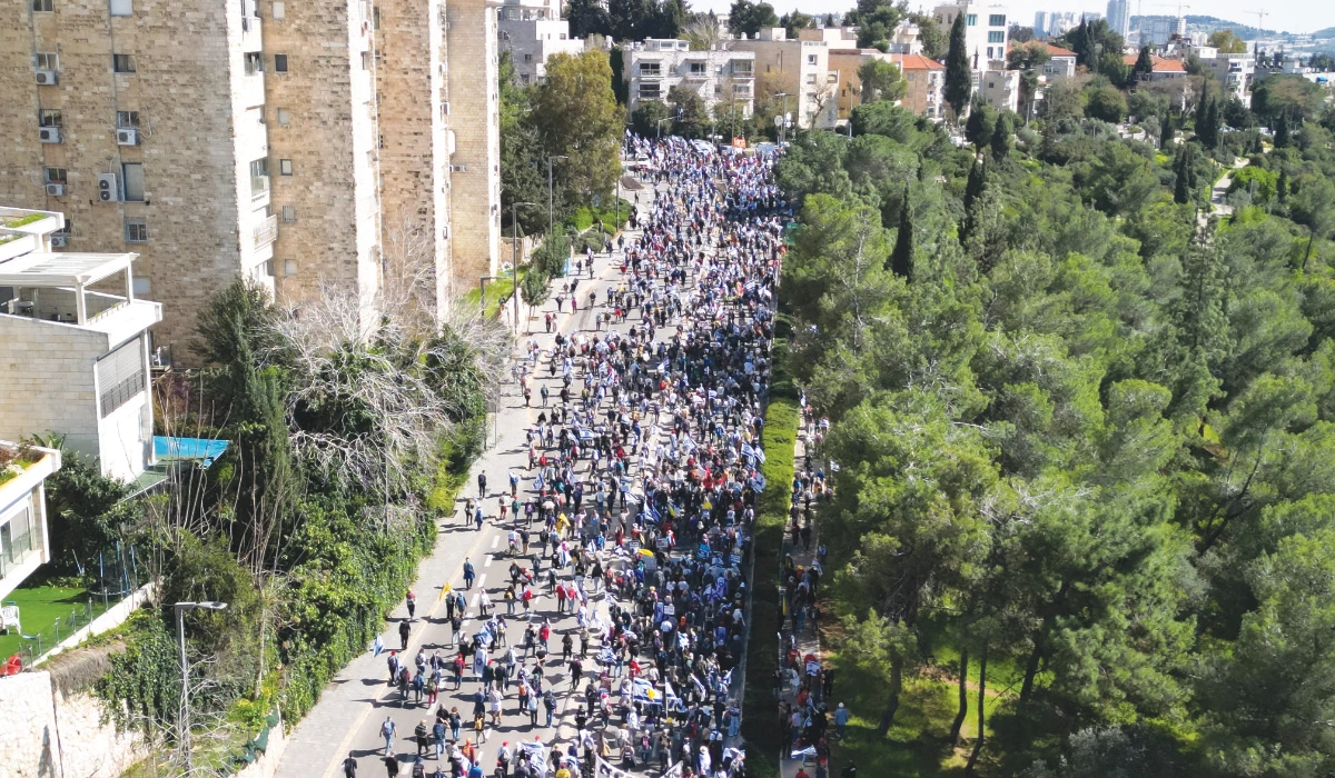 A drone view shows Sunday’s protest against Israeli government’s moves to fire the attorney general and the Shin Bet chief. (Reuters)