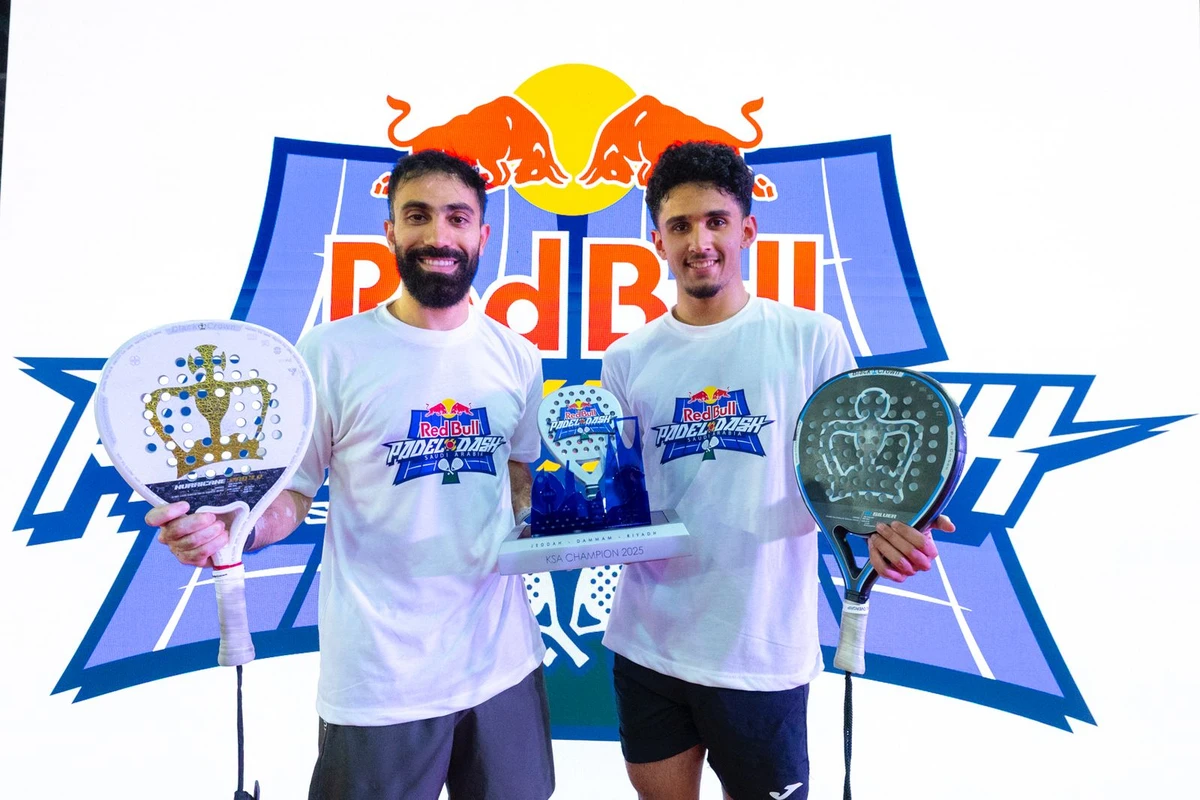 Saudi players Abdullah Adel Al-Butti and Yazid Ali Al-Uthman of Team YO3 made history on Sunday by winning Saudi Arabia’s first-ever Red Bull Padel Dash tournament. (Supplied)