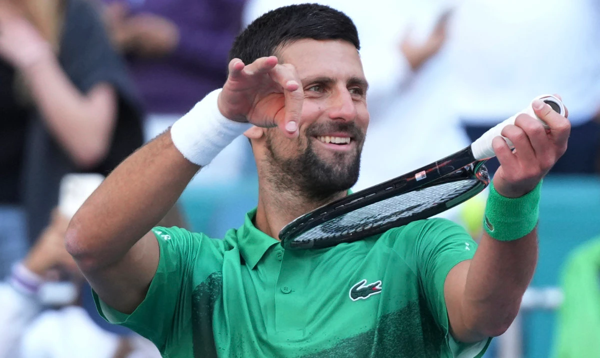 Novak Djokovic, of Serbia, gestures after winning his match against Rinky Hijikata, of Australia, during the Miami Open tennis tournament, Friday, March 21, 2025, in Miami Gardens, Fla. (AP)