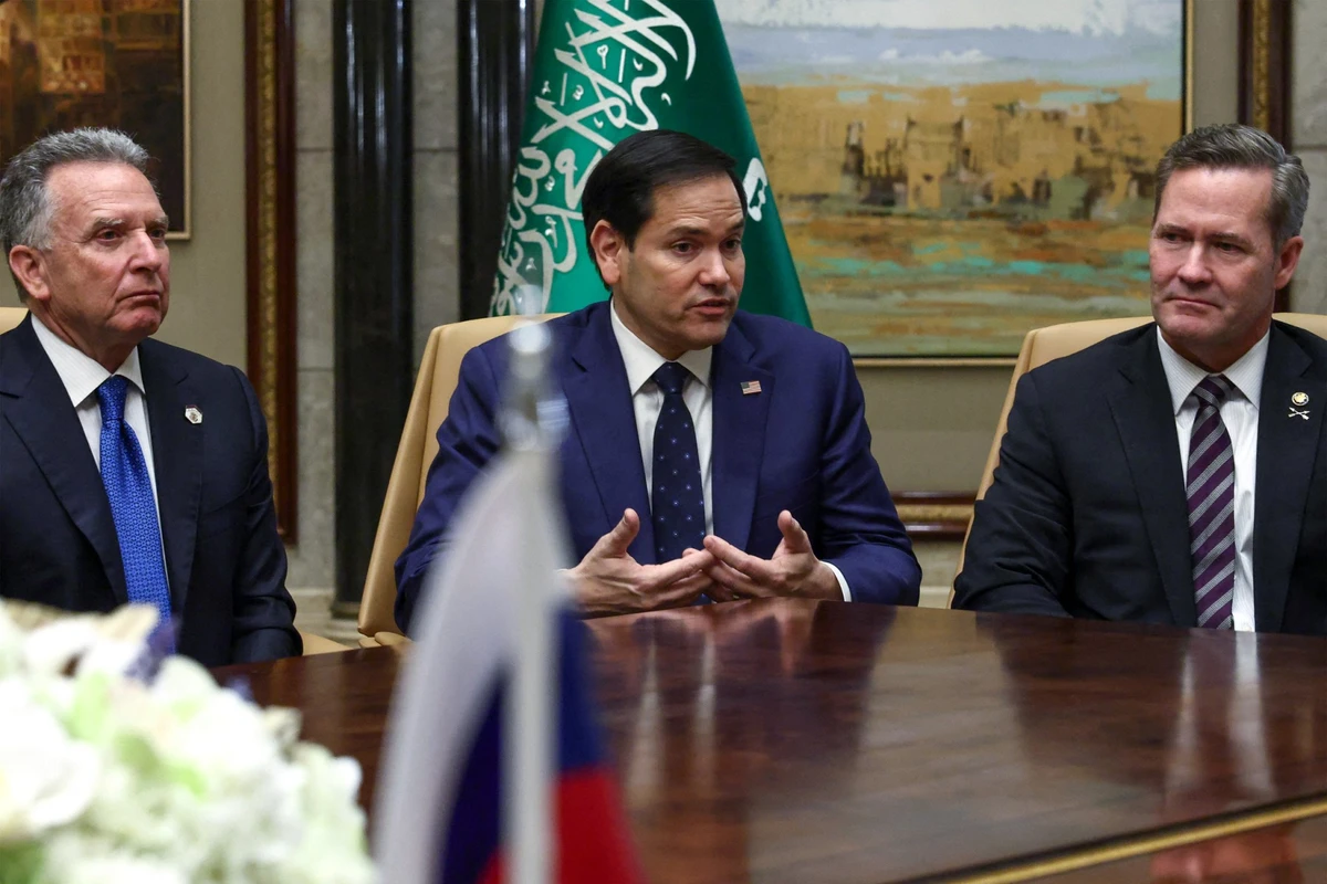 US Secretary of State Marco Rubio (C), US National Security Advisor Mike Waltz (R) and US Middle East envoy Steve Witkoff attend an interview after meeting with Russian Foreign Minister Sergei Lavrov and Russian President Vladimir Putin's foreign policy advisor Yuri Ushakov, at Diriyah Palace, in Riyadh, Saudi Arabia, on February 18, 2025. (File/AFP)
