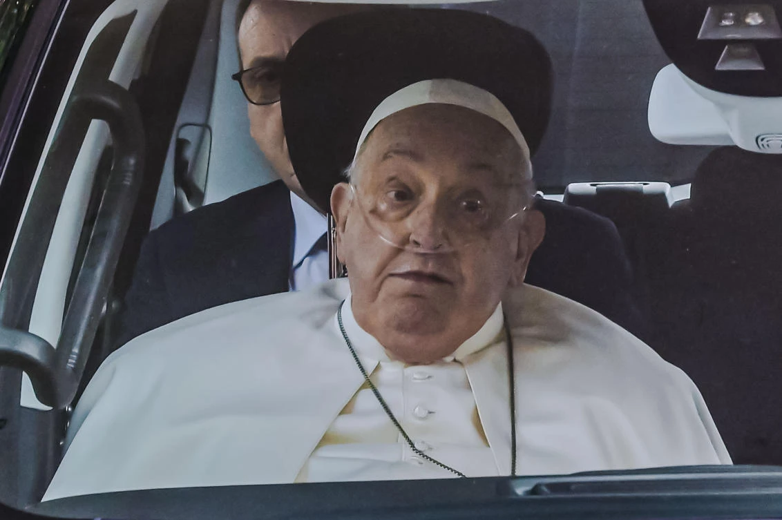 Pope Francis leaves the Agostino Gemelli Polyclinic in Rome, Sunday March 23, 2025, where he was admitted on Feb. 14 for bilateral pneumonia. (AP)